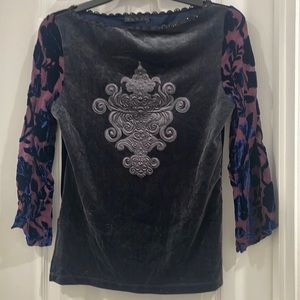 Silk velvet long sleeve blouse with design on chest size Large by Sooki